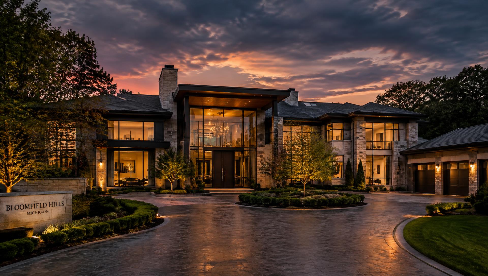 Luxury Metro Detroit estate at dusk